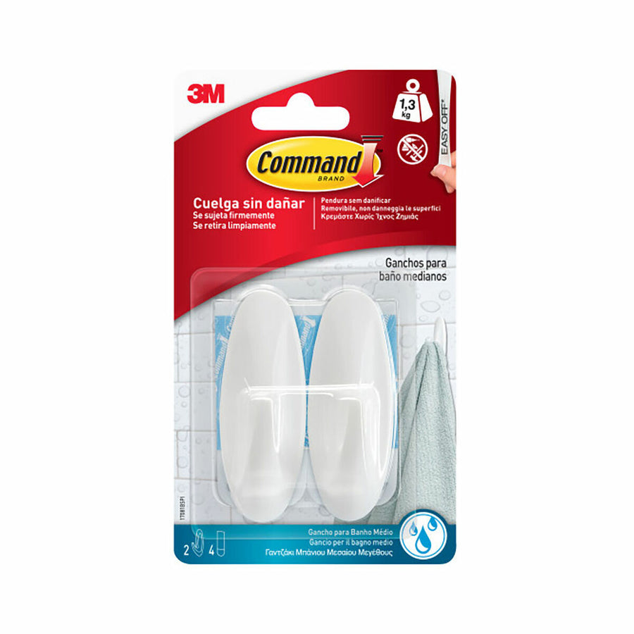 Blíster de dos ganchos adhesivos blancos 3M Command para baño con capacidad de 1,3 kg