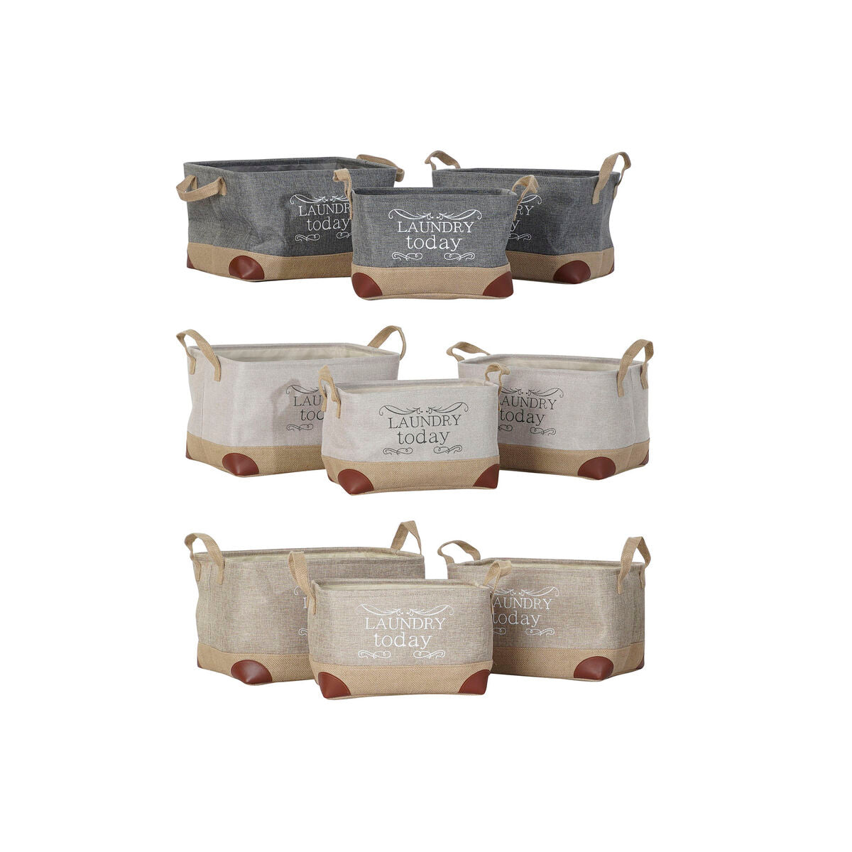 Juego de tres cestas de tela DKD Home Decor de tres tamaños con asas y esquinas reforzadas