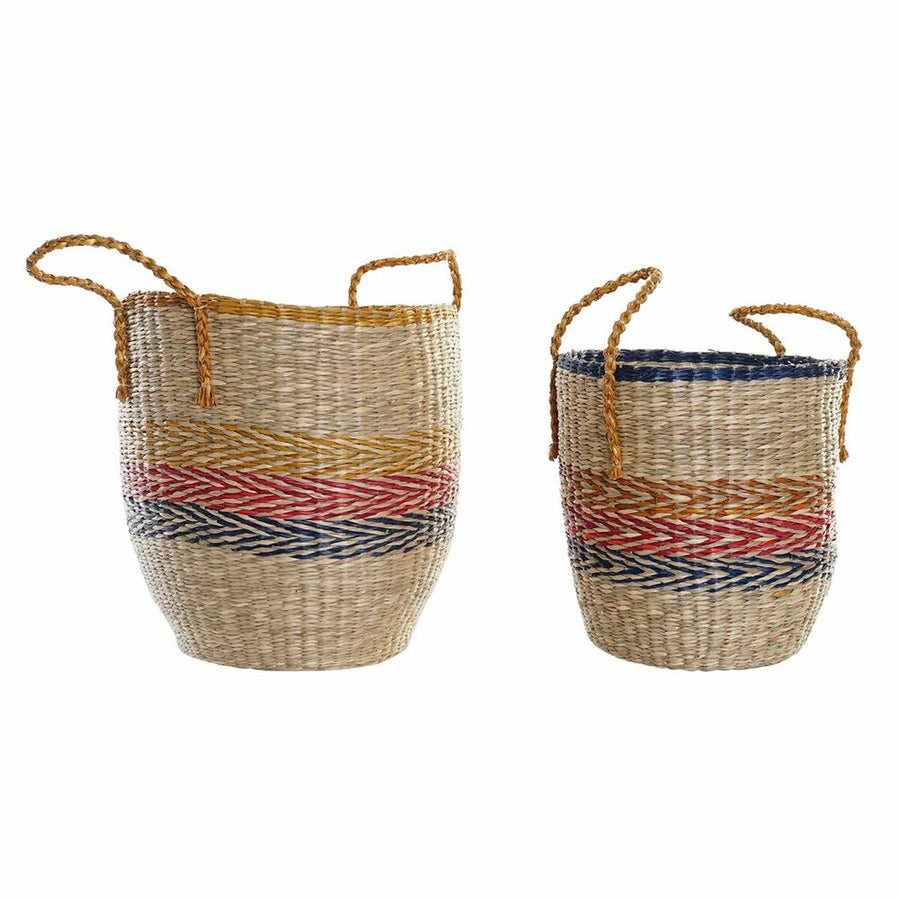 Dos cestas redondas de hierba marina DKD Home Decor con asas trenzadas y bandas naranja, rojo y azul