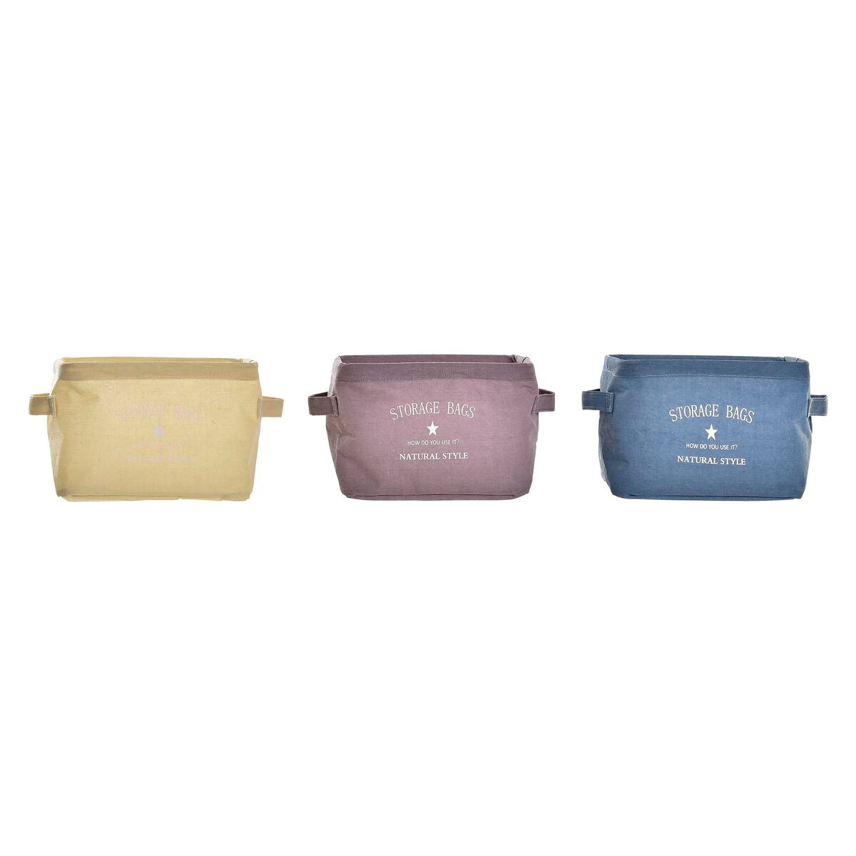 Tres cestas de tela pequeñas DKD Home Decor en amarillo, malva y azul con asas laterales